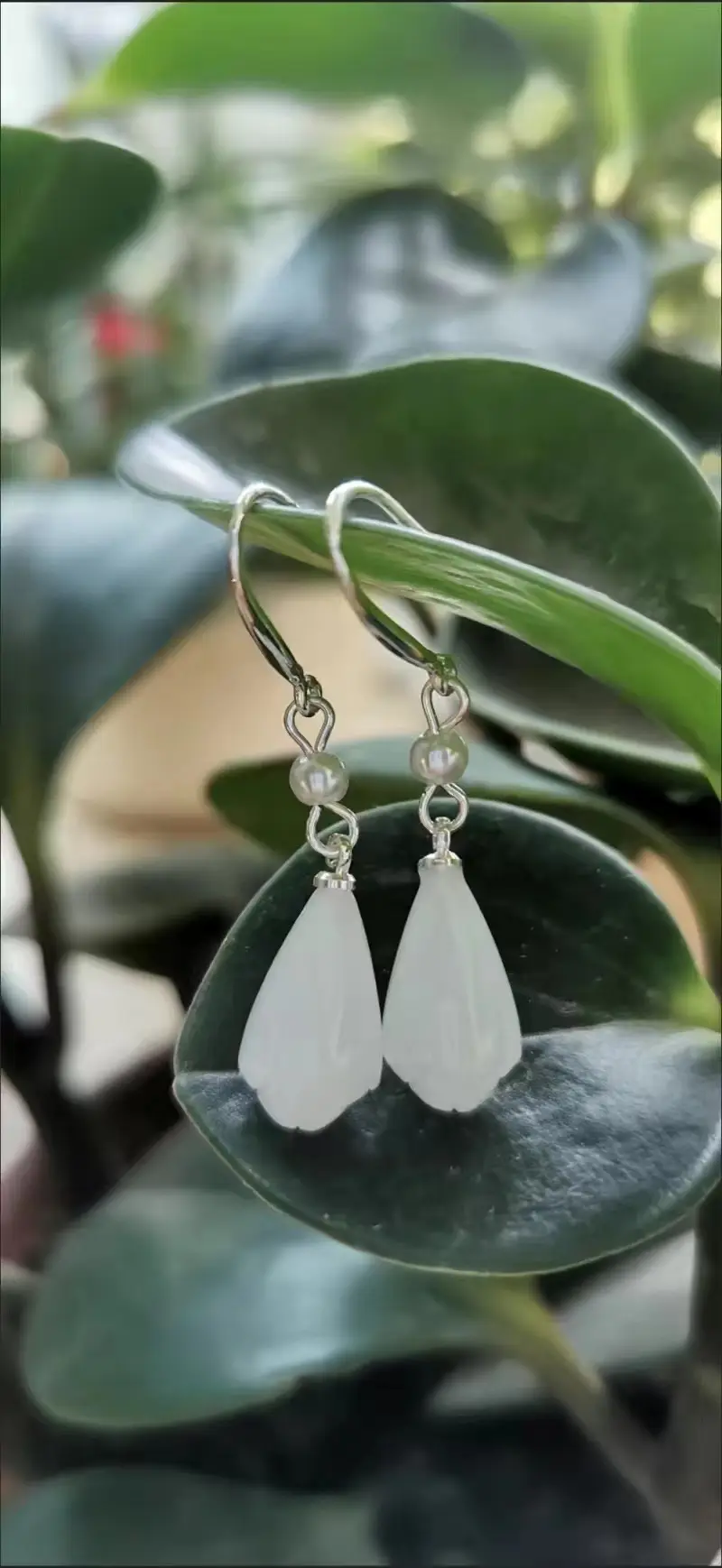 Women's White Jade Earrings with Gold Hook