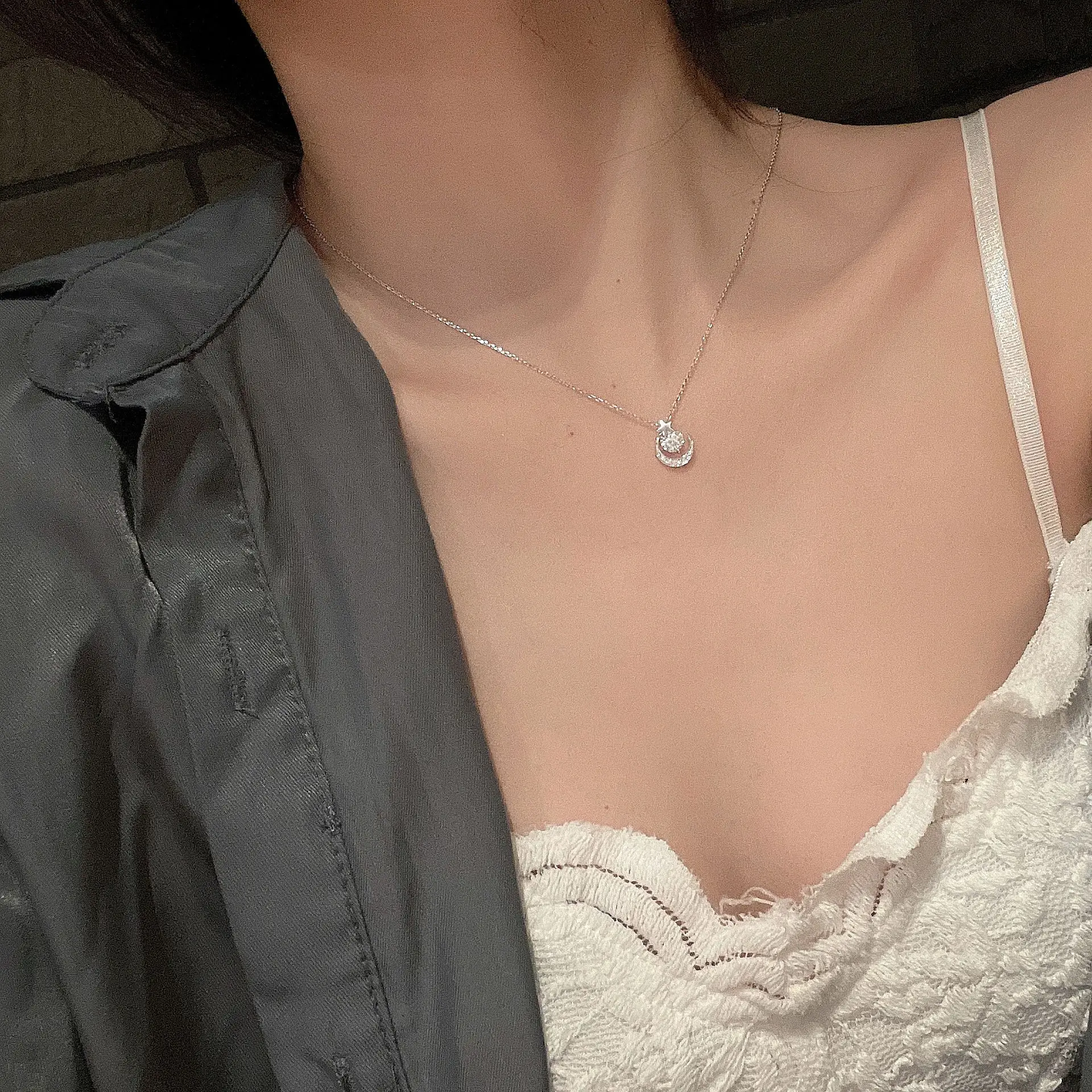 Women Star Moon Necklace with Zircon Pendant Silver Chain