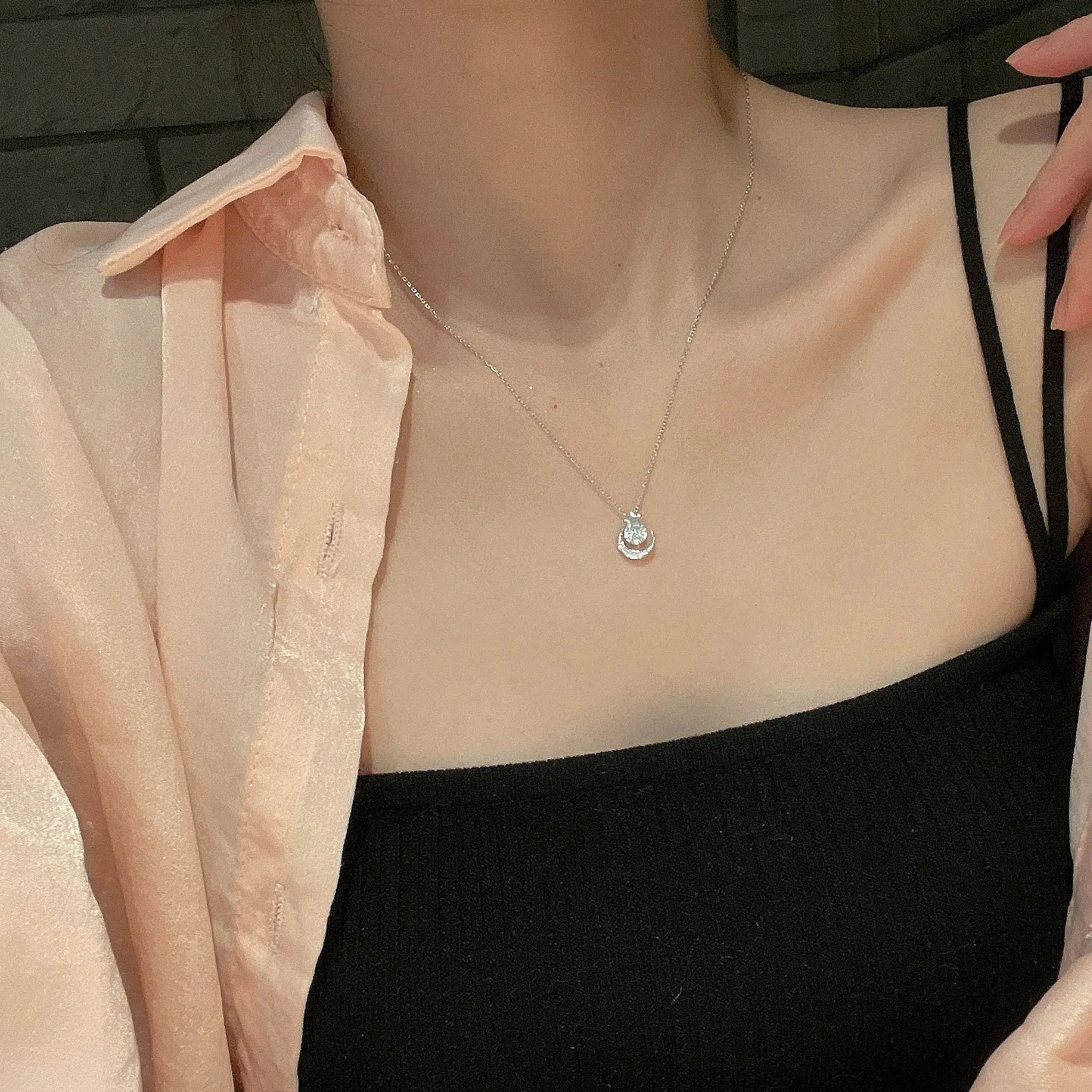 Women Star Moon Necklace with Zircon Pendant Silver Chain