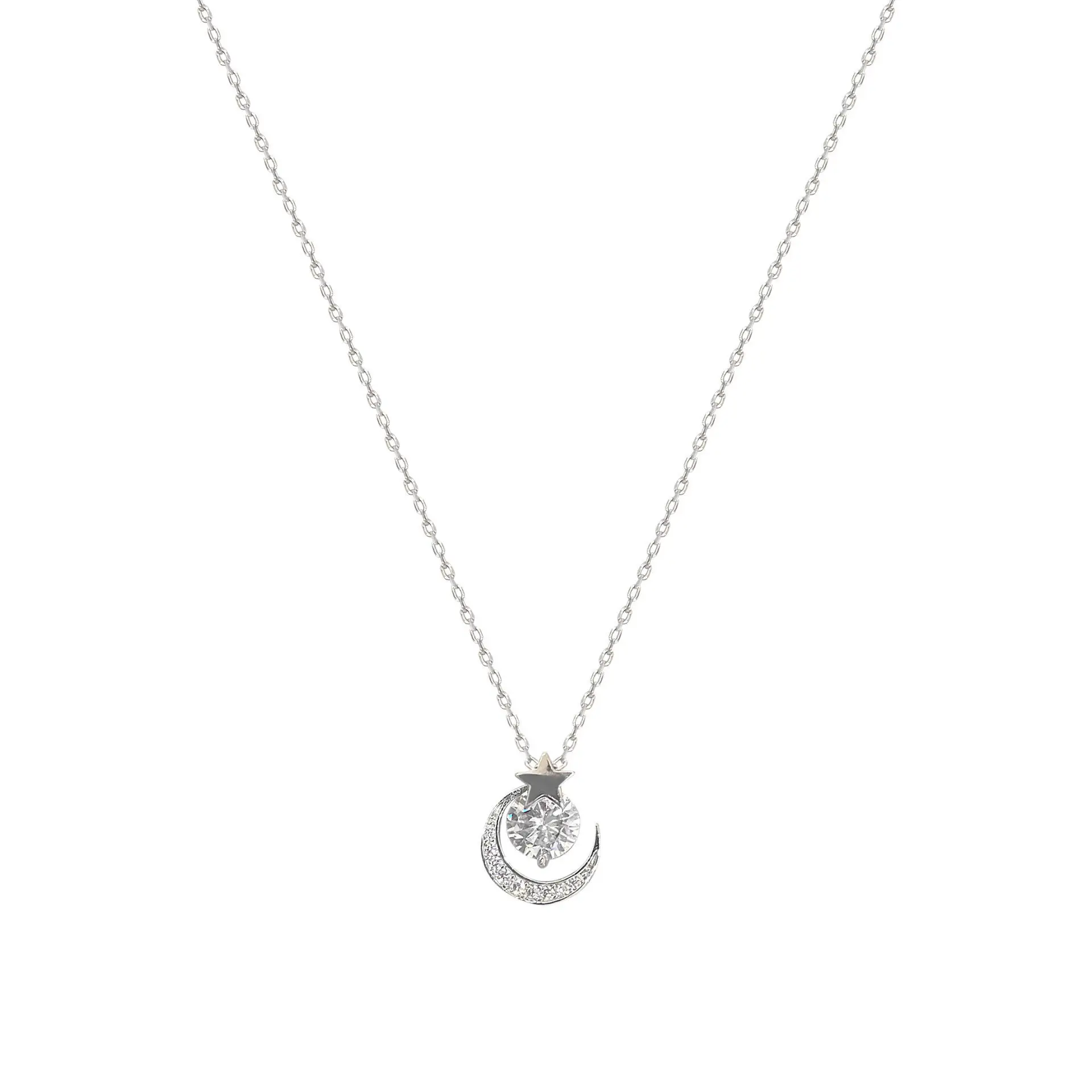 Women Star Moon Necklace with Zircon Pendant Silver Chain