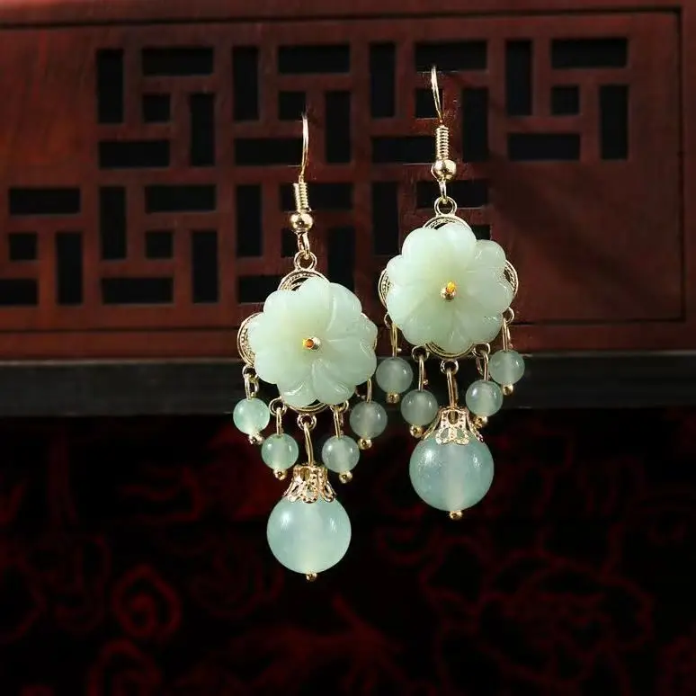 Women's Green Flower Earrings with Silver Hook - Image 3
