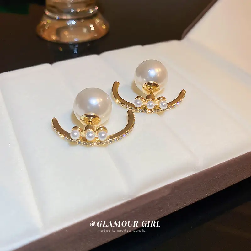 Silver Pearl Diamond Embedded Geometric Earrings for Women - Image 4