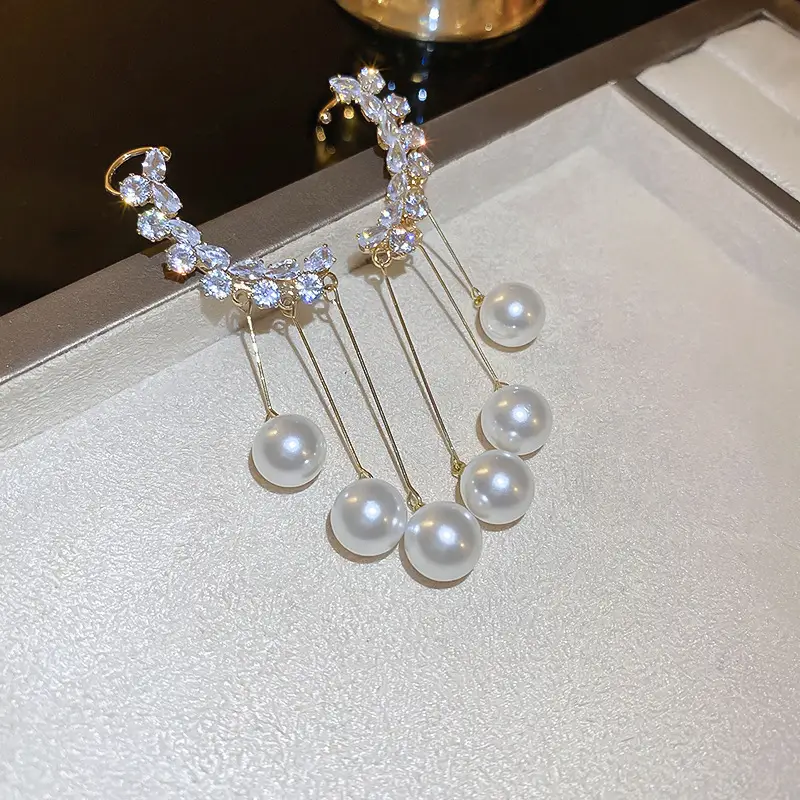 Silver Pearl Diamond Embedded Geometric Earrings for Women - Image 7