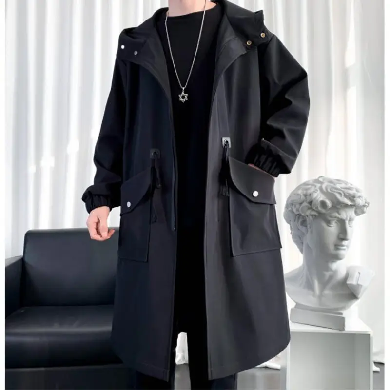 Men's Korean Style Windbreaker Jacket Olive Green Mid-Length