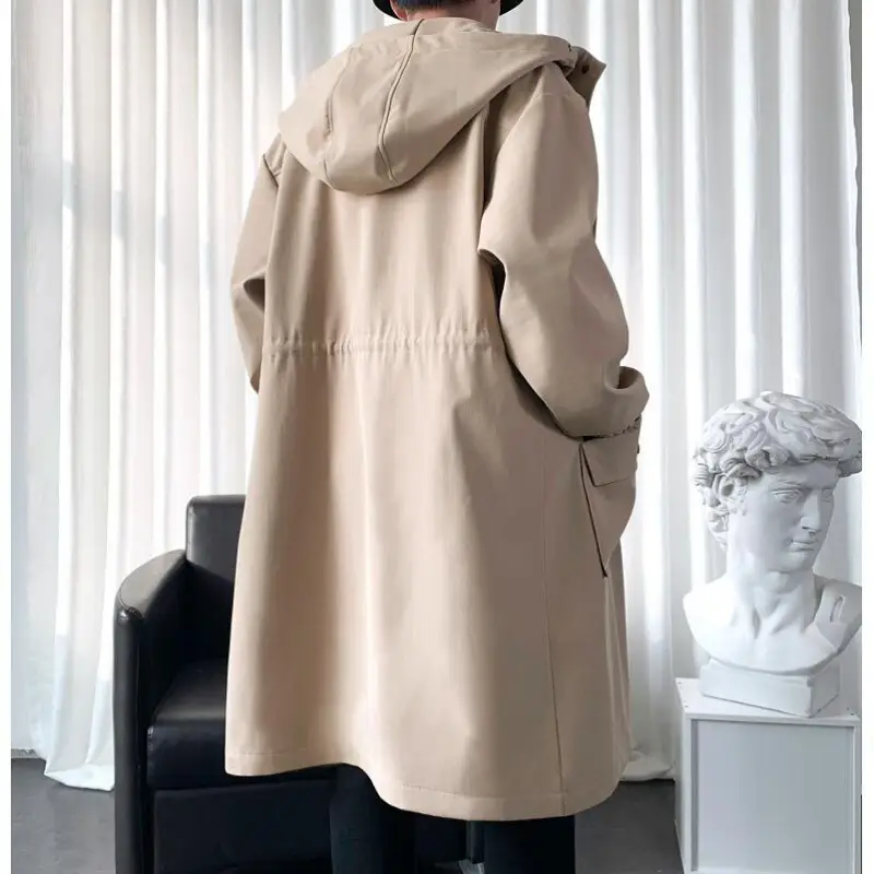Men's Korean Style Windbreaker Jacket Olive Green Mid-Length
