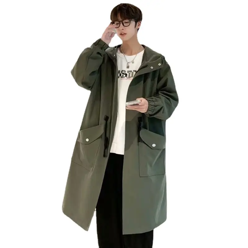Men's Korean Style Windbreaker Jacket Olive Green Mid-Length