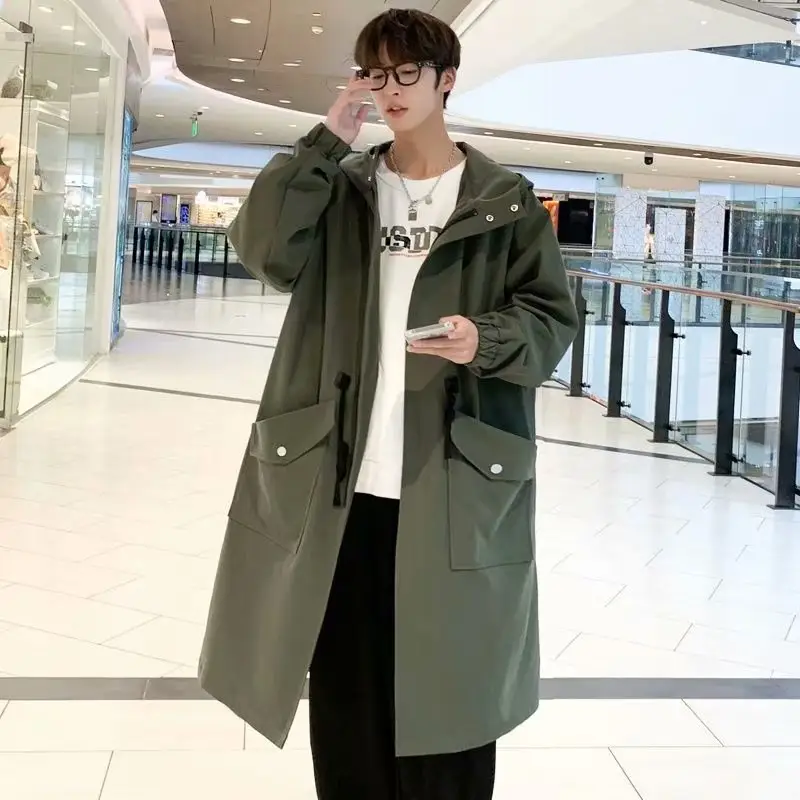 Men's Korean Style Windbreaker Jacket Olive Green Mid-Length