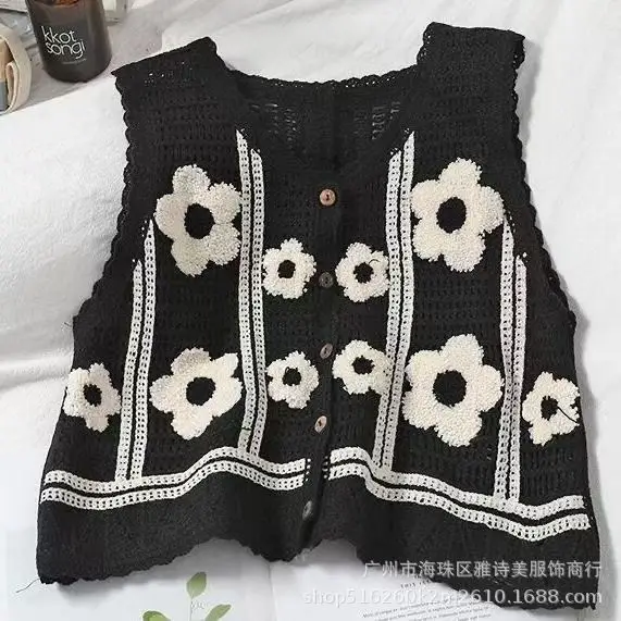 Black Crochet V-Neck Vest Women's Artistic Sleeveless Top - Image 22