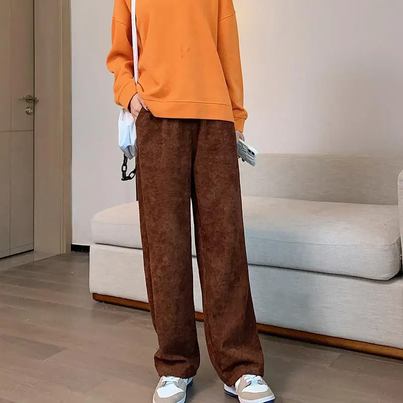 Women's 2022 Corduroy High Waist Pants Brown Loose Fit — feature 18