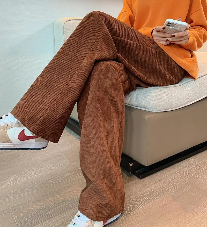 Women's 2022 Corduroy High Waist Pants Brown Loose Fit — feature 25