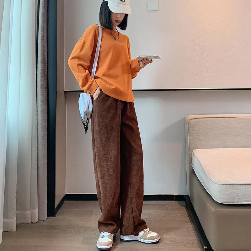 Women's 2022 Corduroy High Waist Pants Brown Loose Fit — feature 7