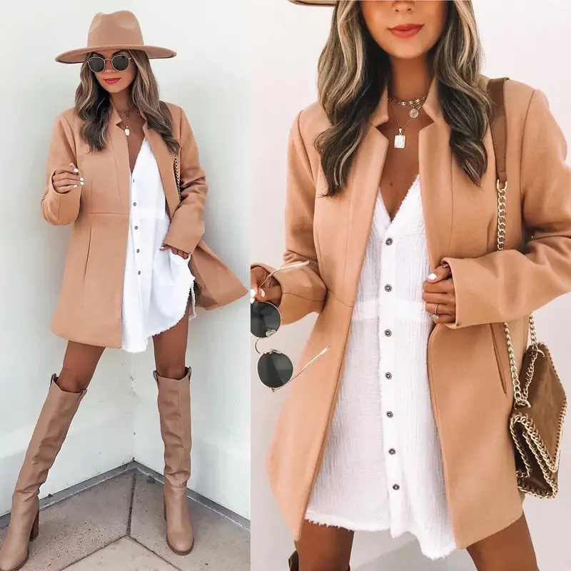 Women Woolen Coat 2025 Autumn Slim Fit Beige