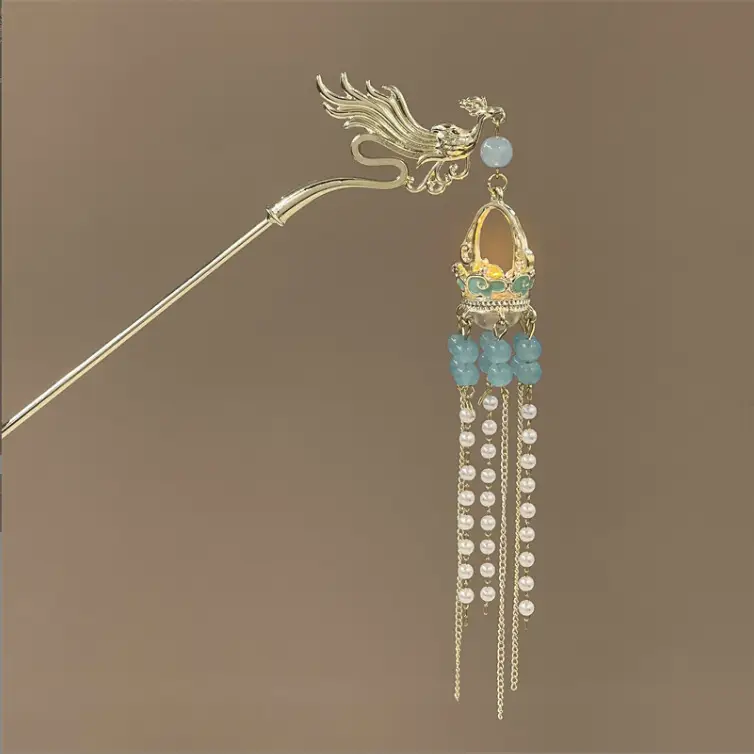 Antique Hanfu Tassel Hairpin with Blue Crystal Design - Image 40