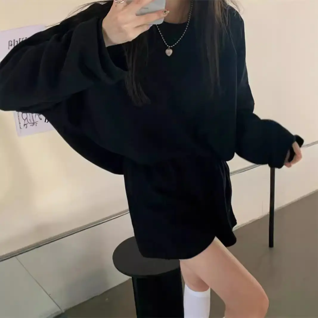 Women Black Loose Fit Sweatshirt Set 2024 Autumn - Image 6
