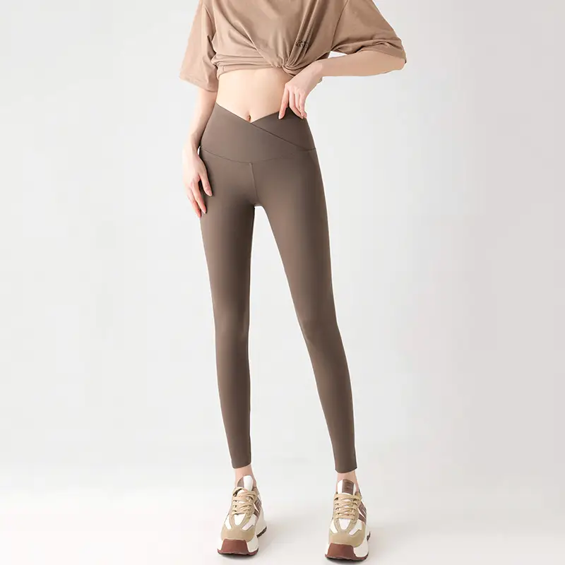 Cross-Waist V-Back Croc Slimming Leggings Brown - Image 5