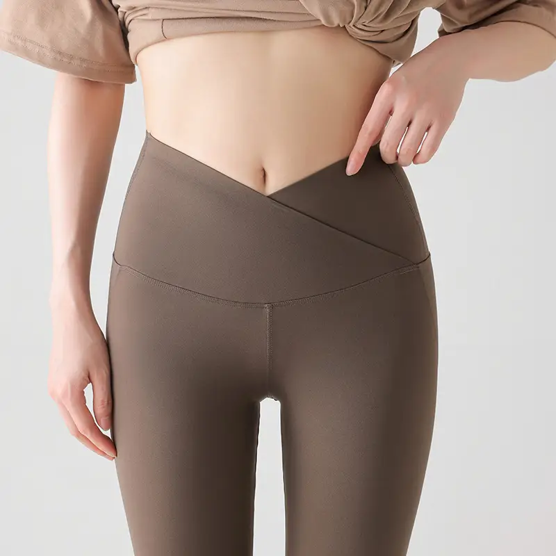 Cross-Waist V-Back Croc Slimming Leggings Brown - Image 6