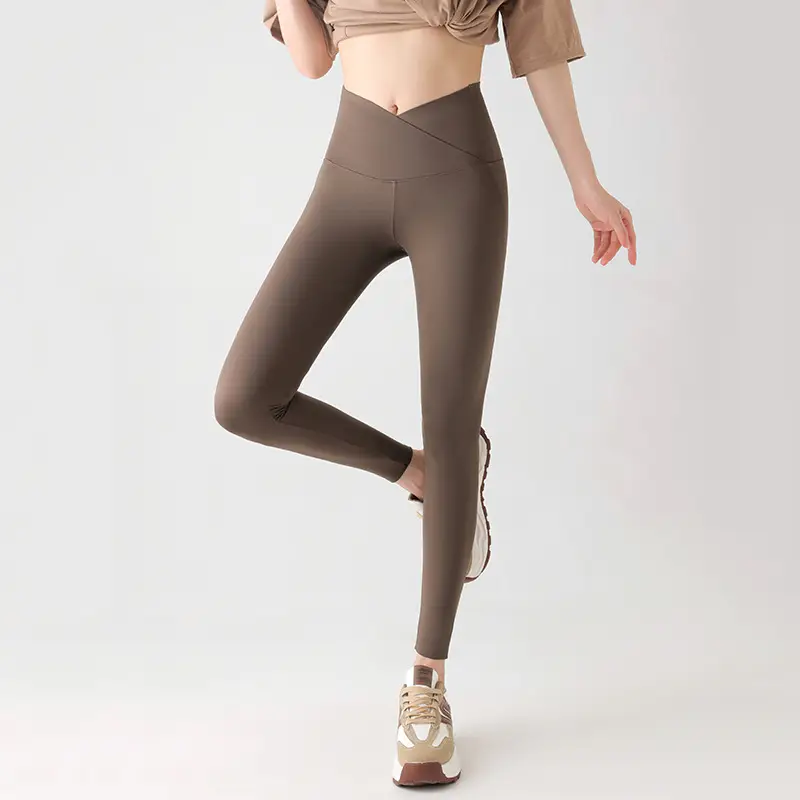 Cross-Waist V-Back Croc Slimming Leggings Brown - Image 7