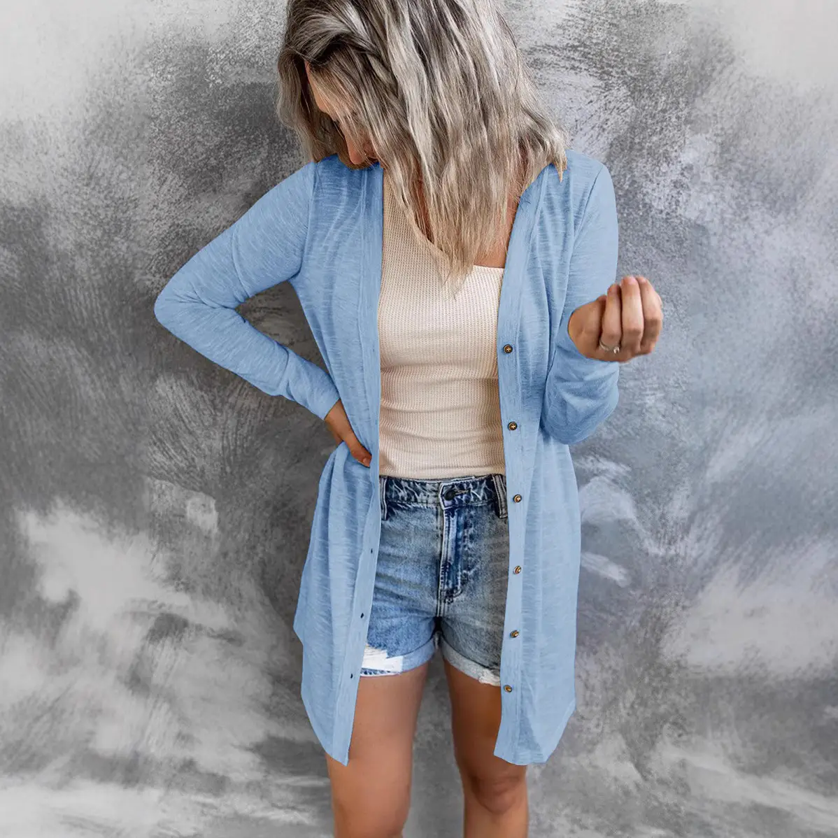 Women Long Button Cardigan Solid Beige Casual Outerwear - Image 13