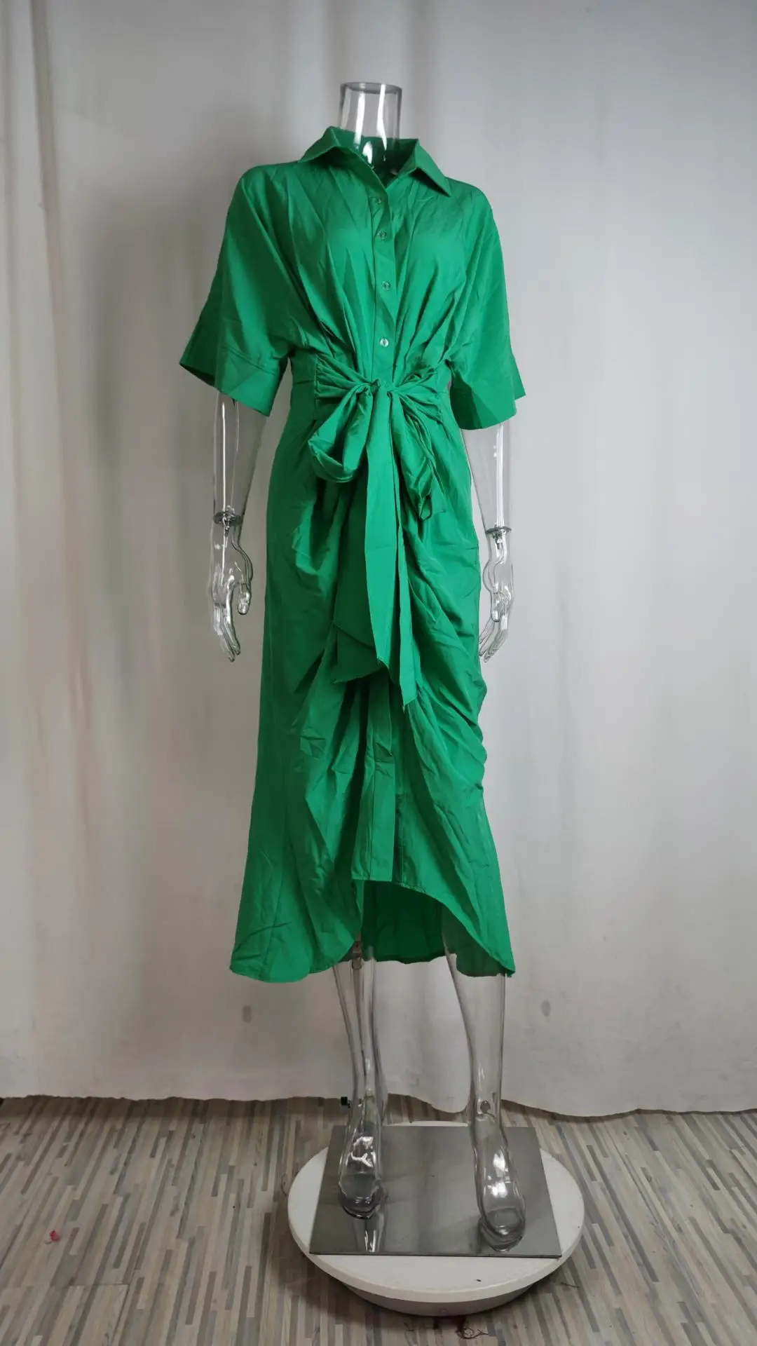 Yellow Lace-Up Waist-Cinching Short Sleeve Dress for Women — feature 39