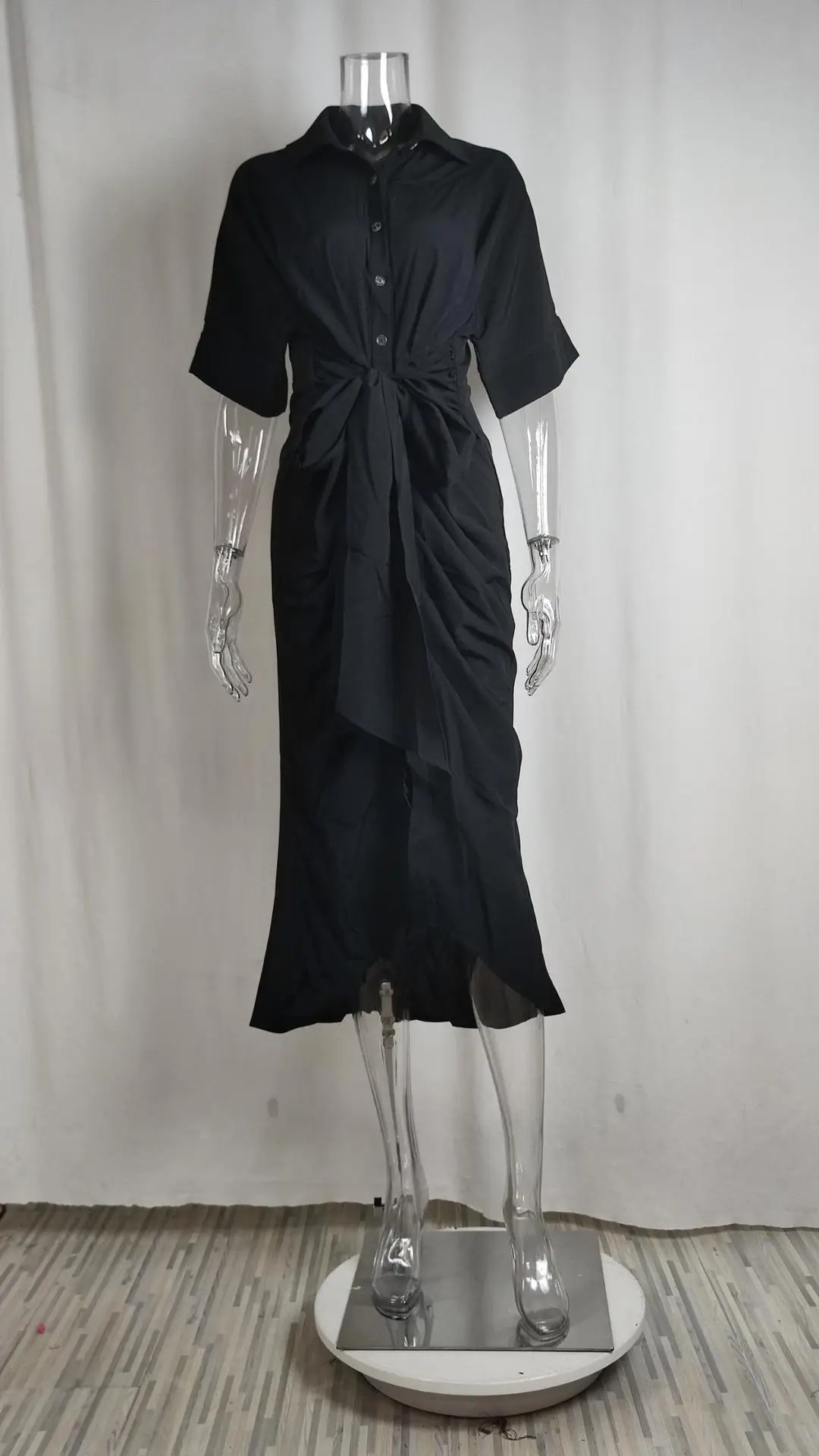Yellow Lace-Up Waist-Cinching Short Sleeve Dress for Women — feature 40