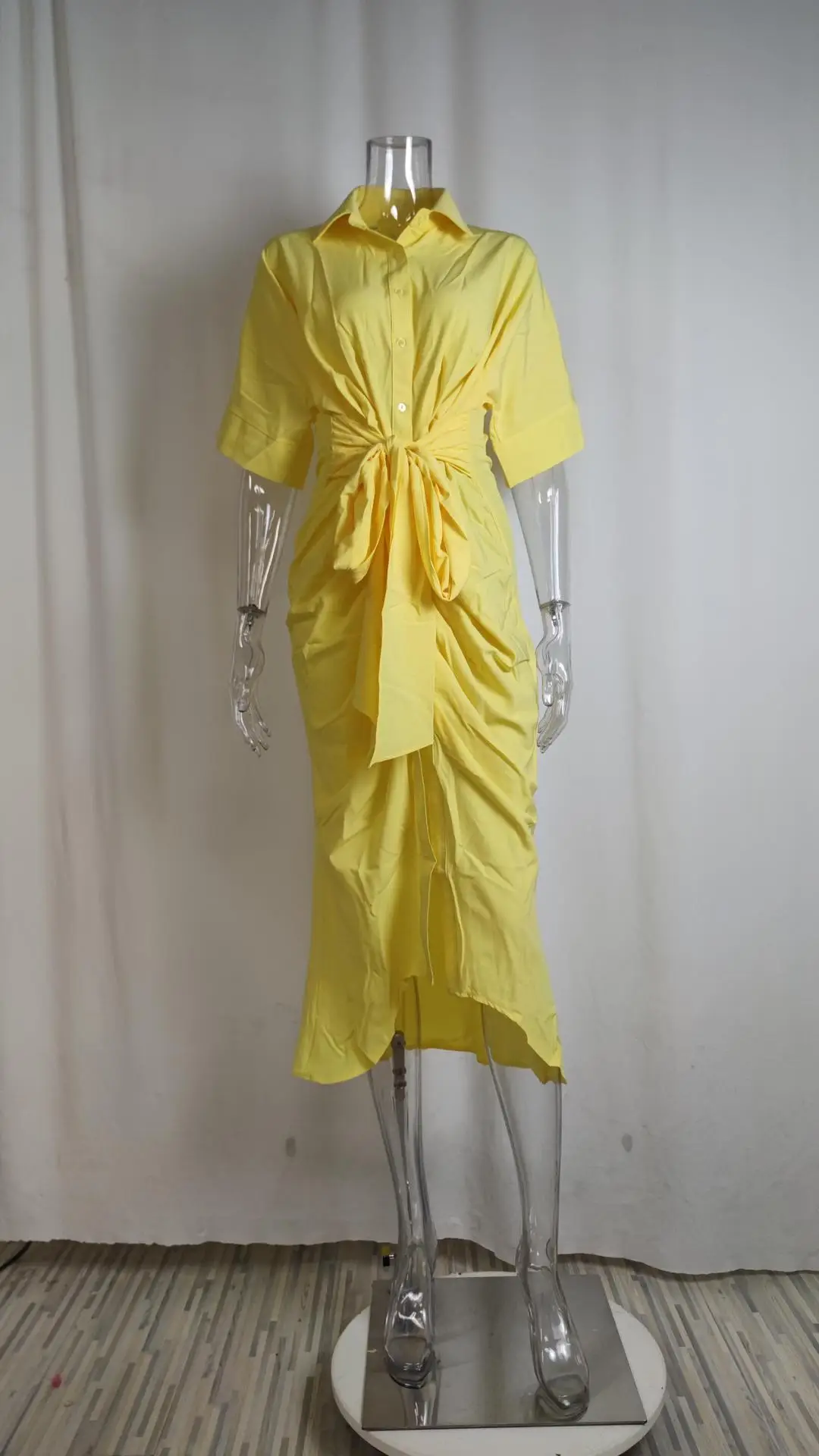 Yellow Lace-Up Waist-Cinching Short Sleeve Dress for Women — feature 41