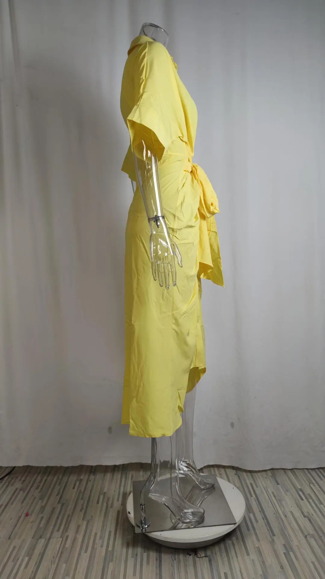 Yellow Lace-Up Waist-Cinching Short Sleeve Dress for Women — feature 50