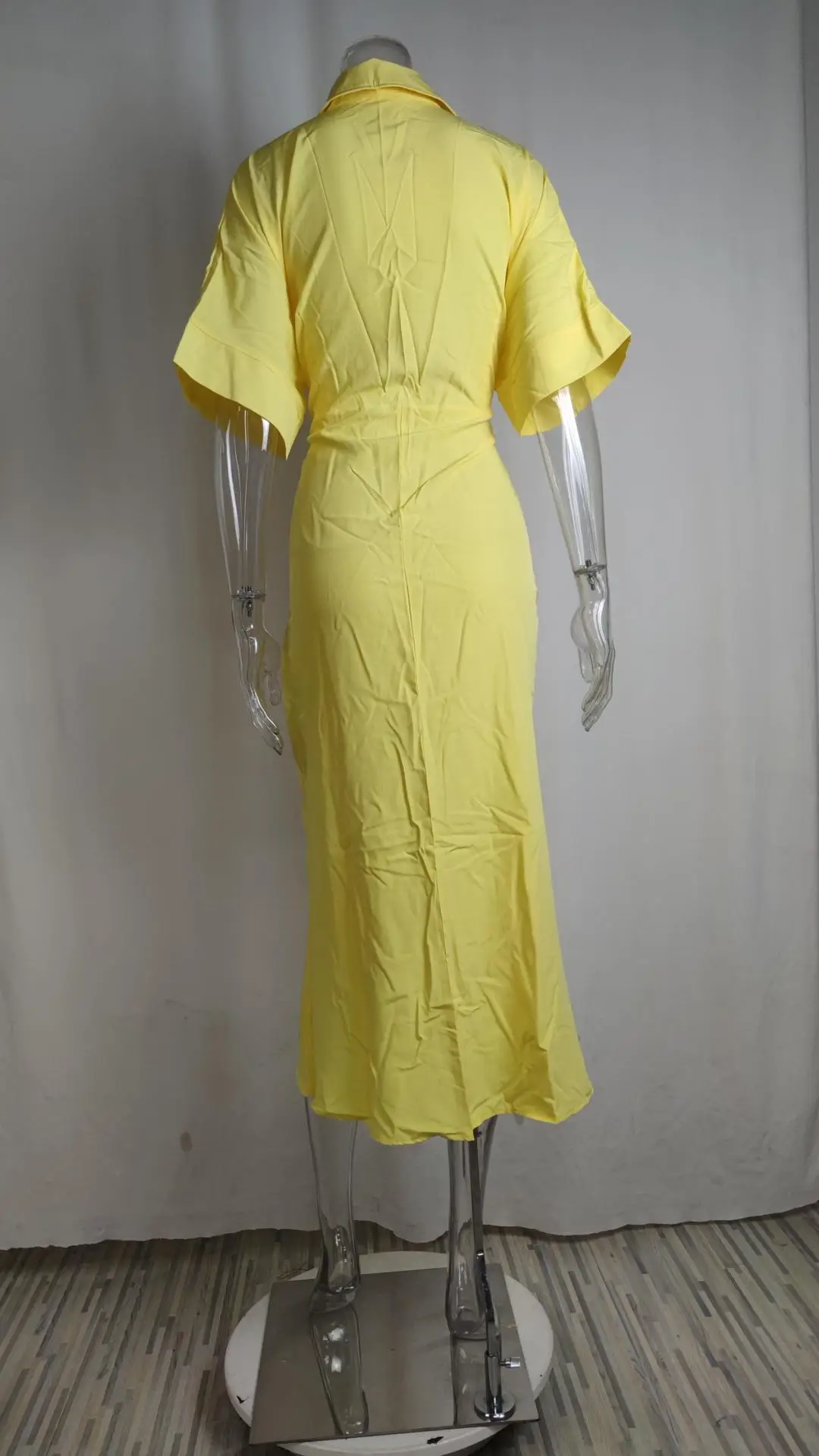 Yellow Lace-Up Waist-Cinching Short Sleeve Dress for Women — feature 51