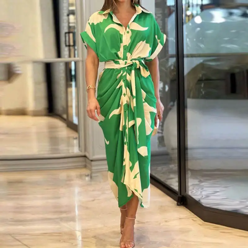 Yellow Lace-Up Waist-Cinching Short Sleeve Dress for Women - Image 6