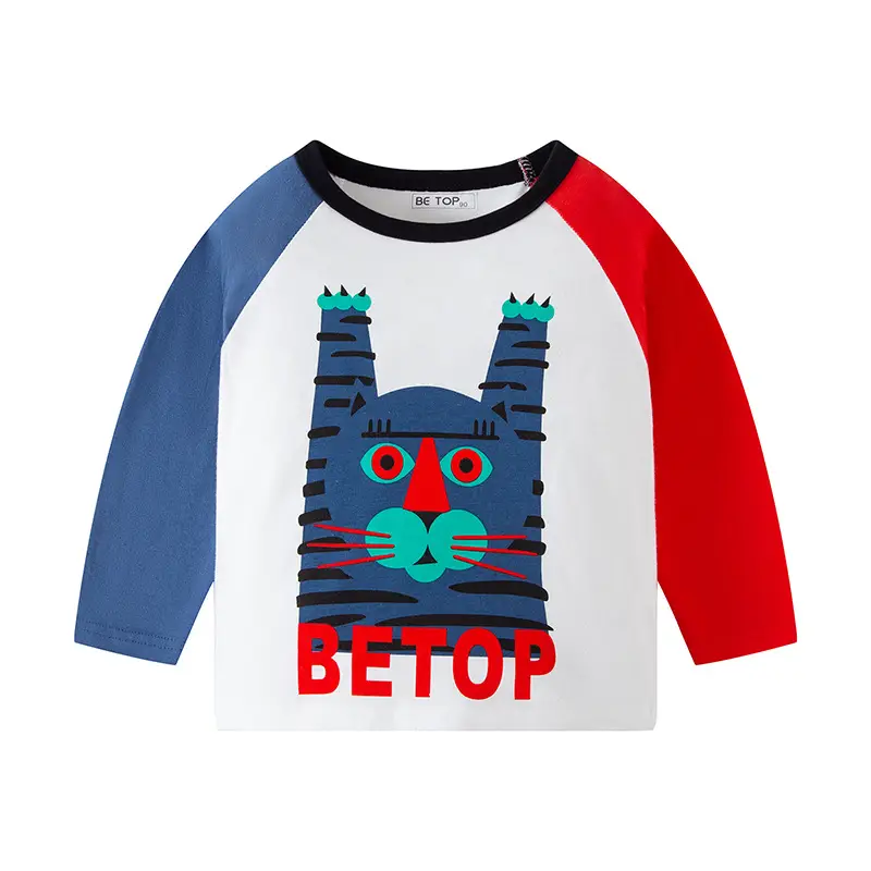 2026 Kids Long Sleeve T-Shirt Blue Red Cat Print - Image 2