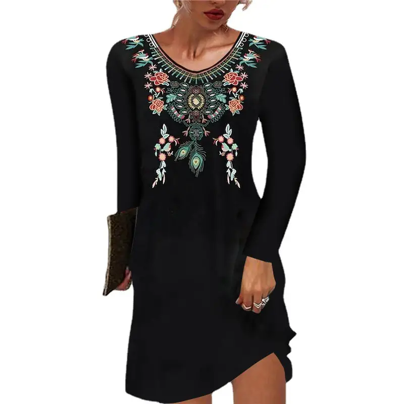 Black Printed Long Sleeve Kurta with Embroidery - Image 11