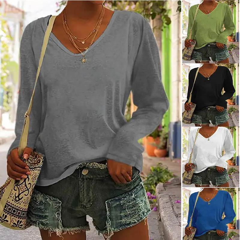 Blue V-Neck Long Sleeve Women's T-Shirt - Image 6