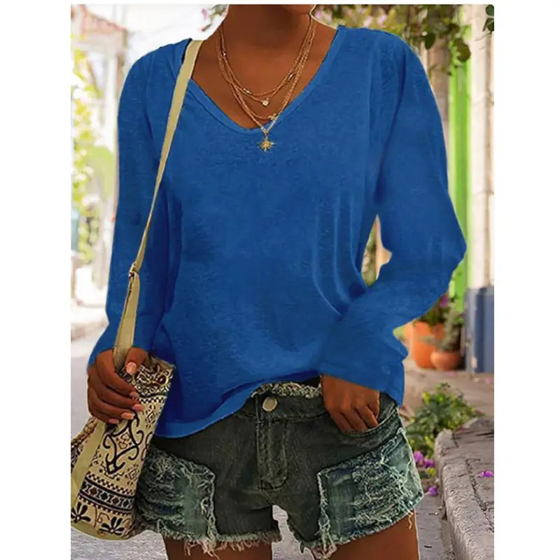 Blue V-Neck Long Sleeve Women's T-Shirt - Image 5