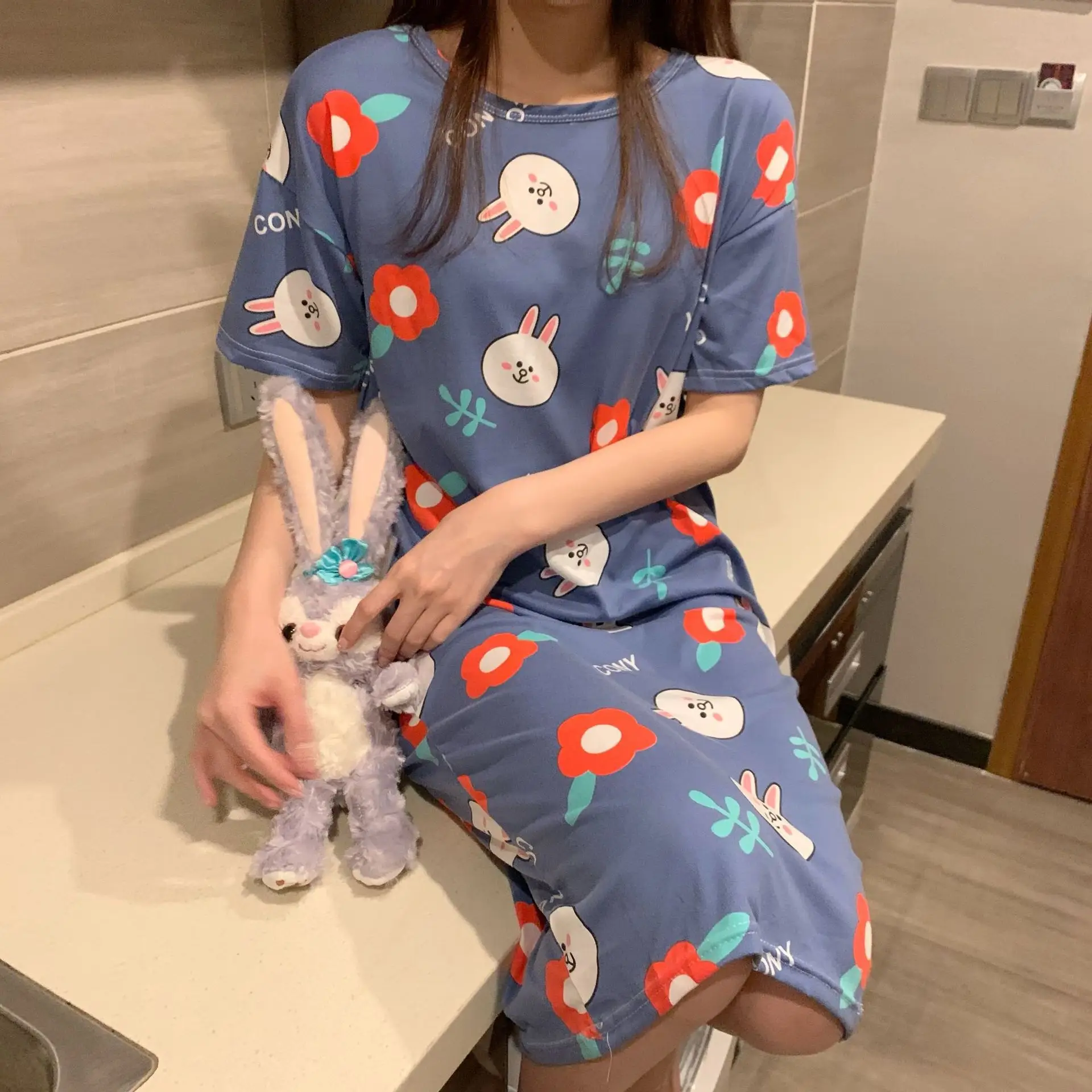 Women's Pink Korean Style Pajamas Summer Nightgown Large