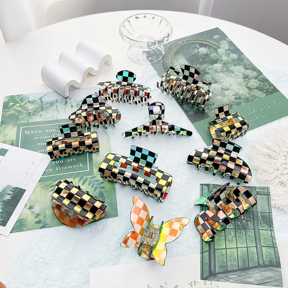 Korean Style Checkerboard Hair Clip for Women Black Acetate - Image 3