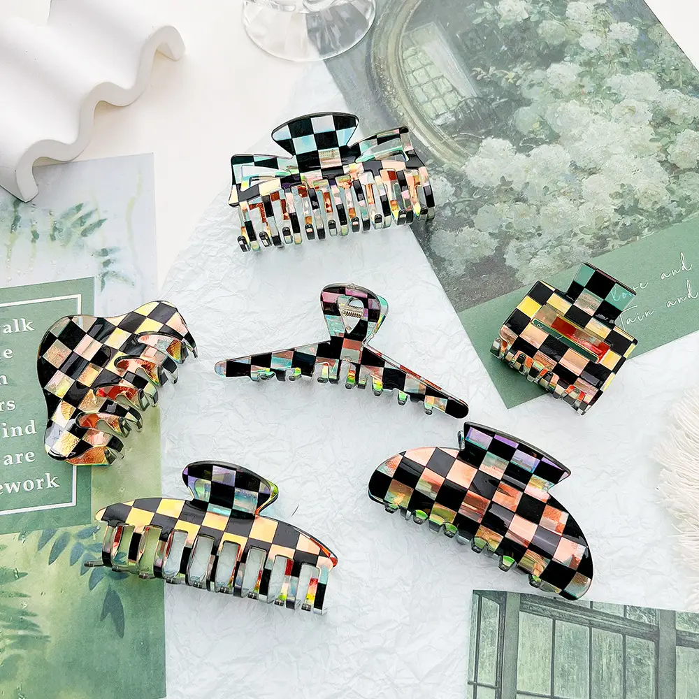 Korean Style Checkerboard Hair Clip for Women Black Acetate - Image 4