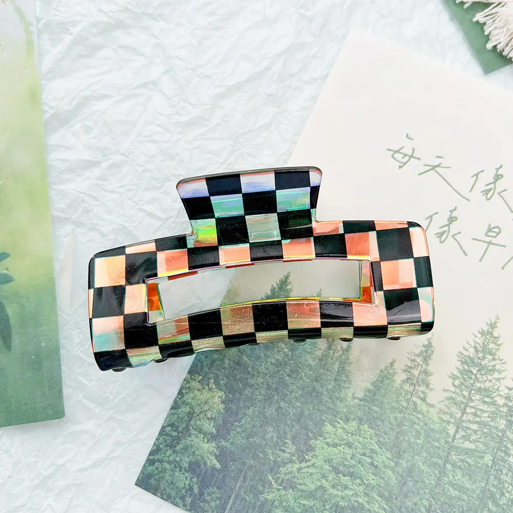 Korean Style Checkerboard Hair Clip for Women Black Acetate - Image 2