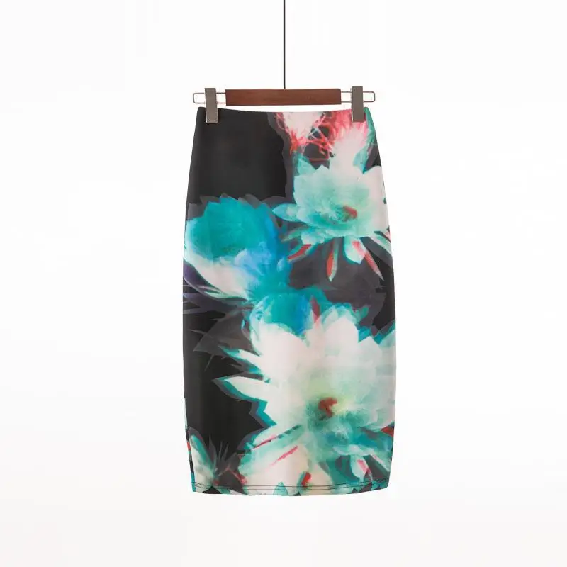Women's Blue Leaf Digital Print Pencil Skirt Half Skirt Bodycon — feature 14