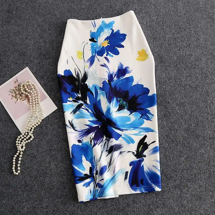 Women's Blue Leaf Digital Print Pencil Skirt Half Skirt Bodycon - Image 17