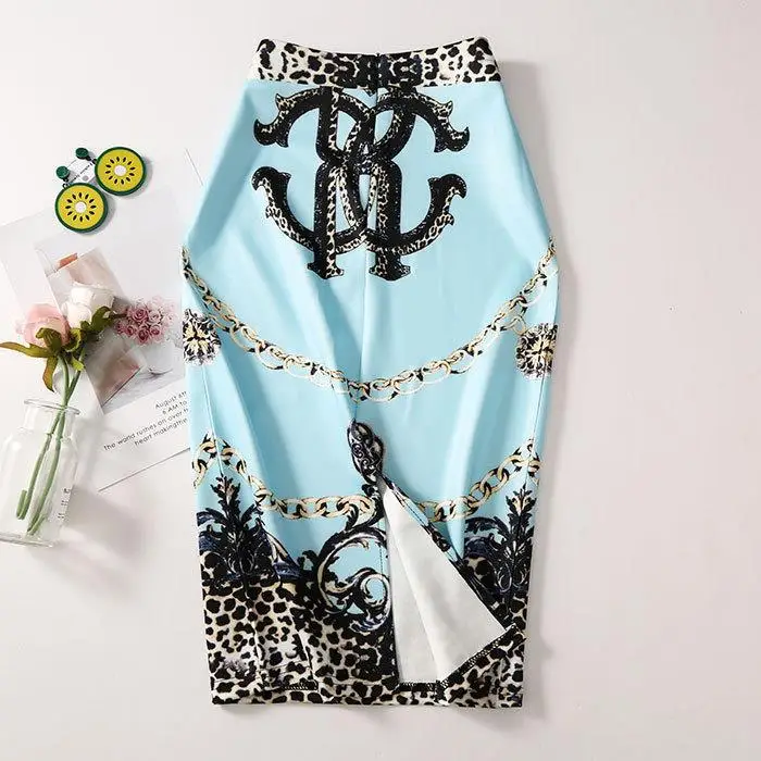 Women's Blue Leaf Digital Print Pencil Skirt Half Skirt Bodycon - Image 20
