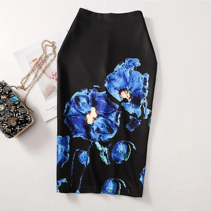 Women's Blue Leaf Digital Print Pencil Skirt Half Skirt Bodycon - Image 25