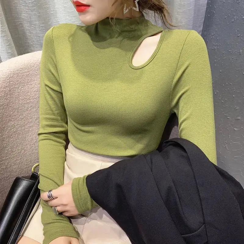 Women's Green Velvet Turtleneck with Clavicle Cutout - Image 4