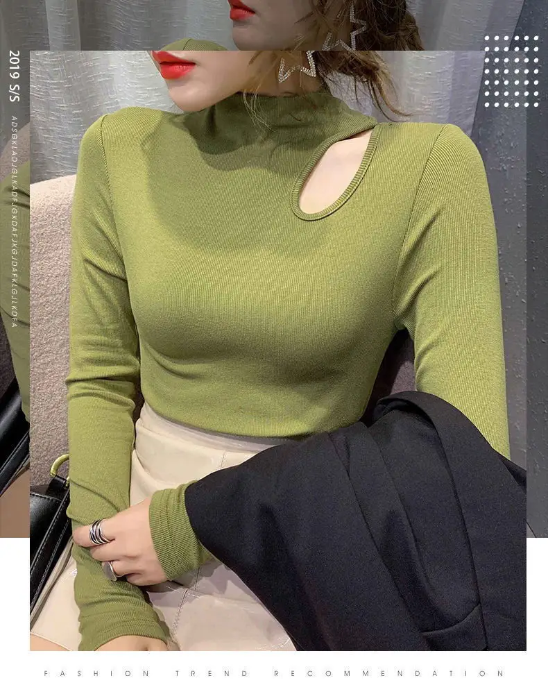 Women's Green Velvet Turtleneck with Clavicle Cutout — feature 1