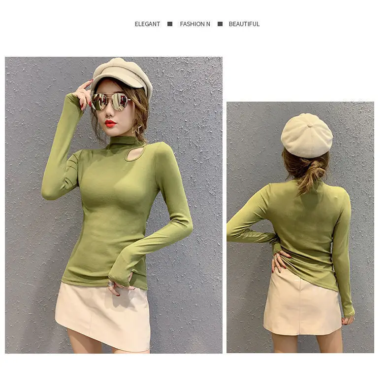 Women's Green Velvet Turtleneck with Clavicle Cutout — feature 6