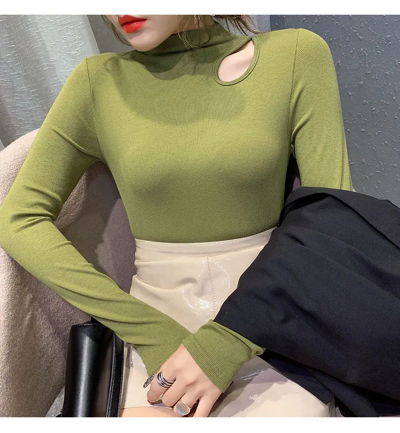 Women's Green Velvet Turtleneck with Clavicle Cutout — feature 7
