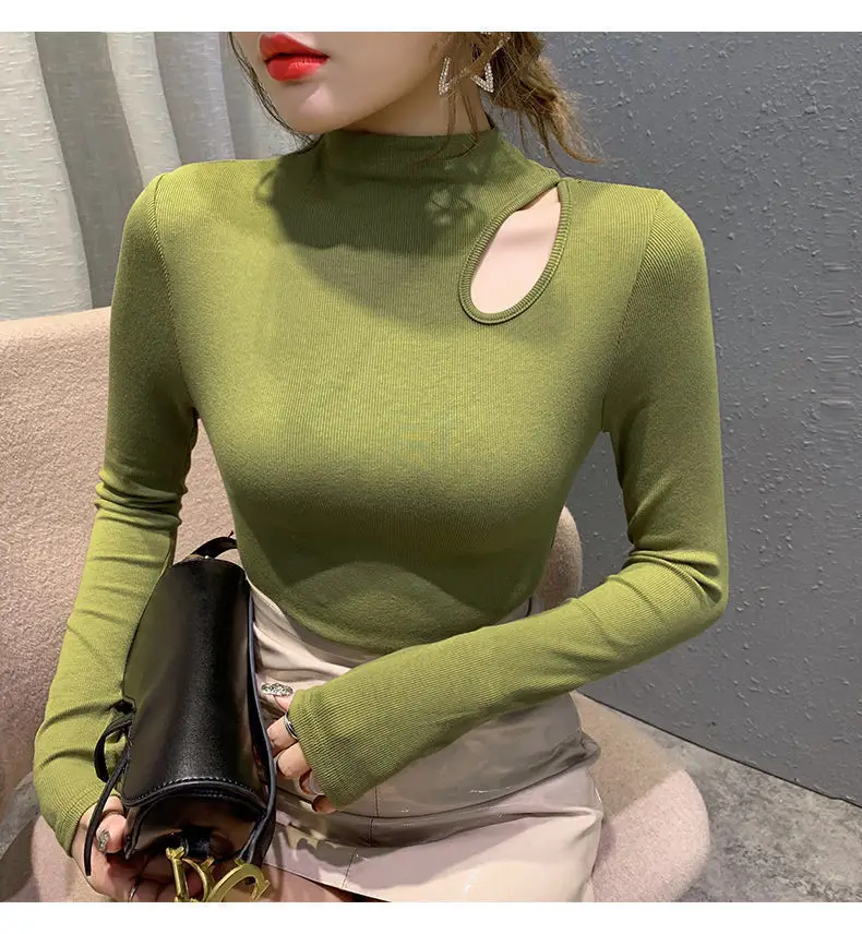 Women's Green Velvet Turtleneck with Clavicle Cutout — feature 8