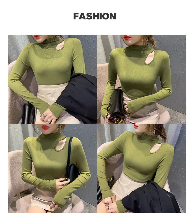 Women's Green Velvet Turtleneck with Clavicle Cutout — feature 9