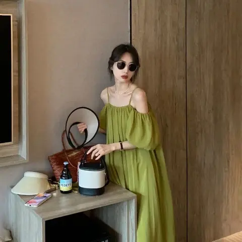 French Suspender Dress Women Off-Shoulder Green 2025 - Image 3