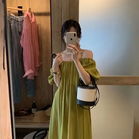 French Suspender Dress Women Off-Shoulder Green 2025 - Image 4