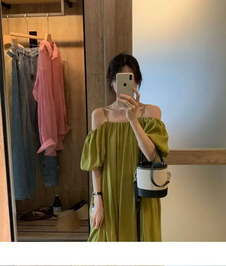 French Suspender Dress Women Off-Shoulder Green 2025 — feature 11
