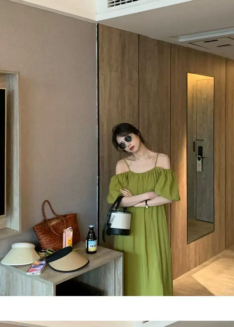 French Suspender Dress Women Off-Shoulder Green 2025 — feature 2